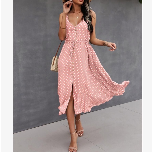 Boho Button Up V Neck Tie Polka Dot Dress GREEN - Picture 7 of 13